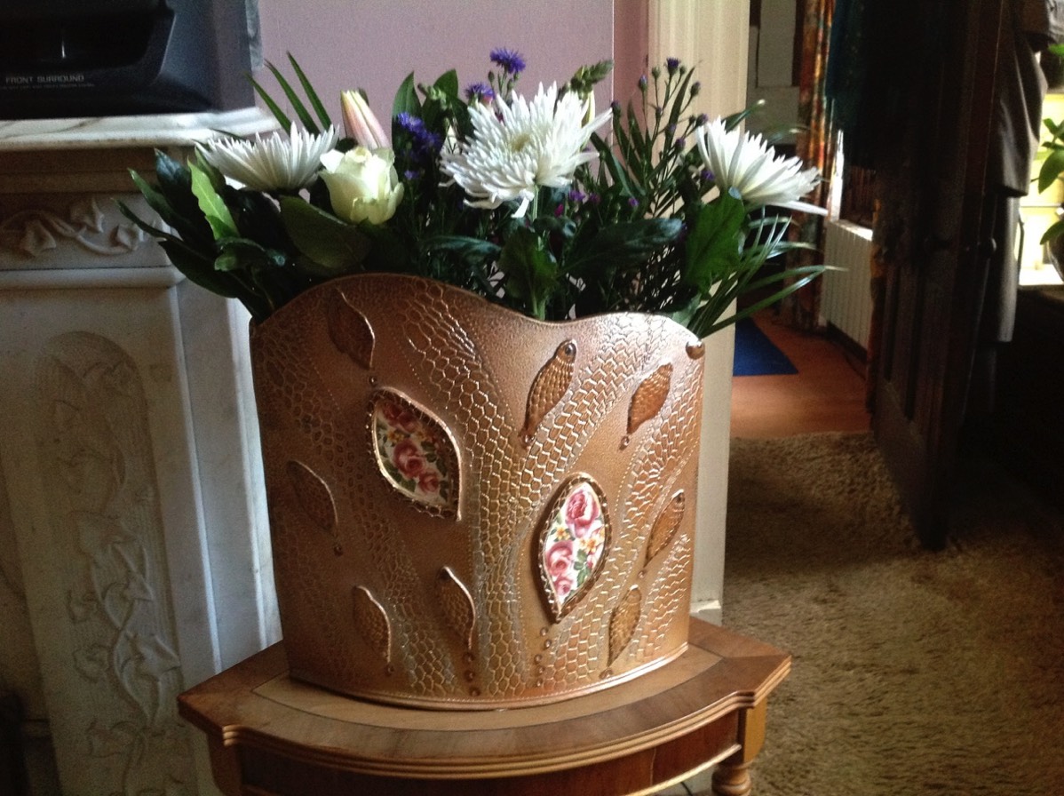 12 Rose transfers on flattened vase - Margaret Gardiner Ceramics